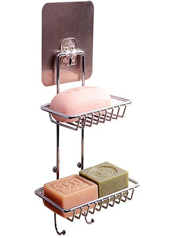 WENGTY Wall Mounted Double Layer soap Dish Holder & Dispensers, Self-Adhesive Stainless Steel Waterproof Kitchen Bathroom Soaps Storage Rack with Hook for Home (Standard Material) - Image 4